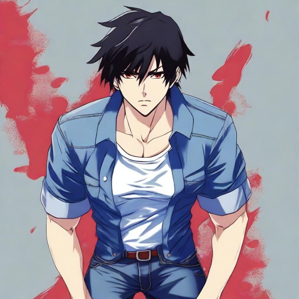 Generate an anime-style image of an attractive man with black hair and red eyes, wearing blue jeans