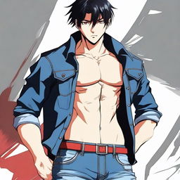 Generate an anime-style image of an attractive man with black hair and red eyes, wearing blue jeans