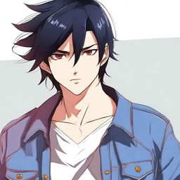 Generate an anime-style image of an attractive man with black hair and red eyes, wearing blue jeans