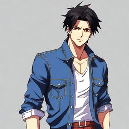 Generate an anime-style image of an attractive man with black hair and red eyes, wearing blue jeans