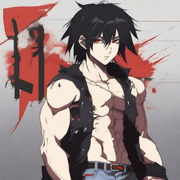 Generate an anime-style image of an attractive man with black hair and red eyes