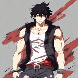 Generate an anime-style image of an attractive man with black hair and red eyes