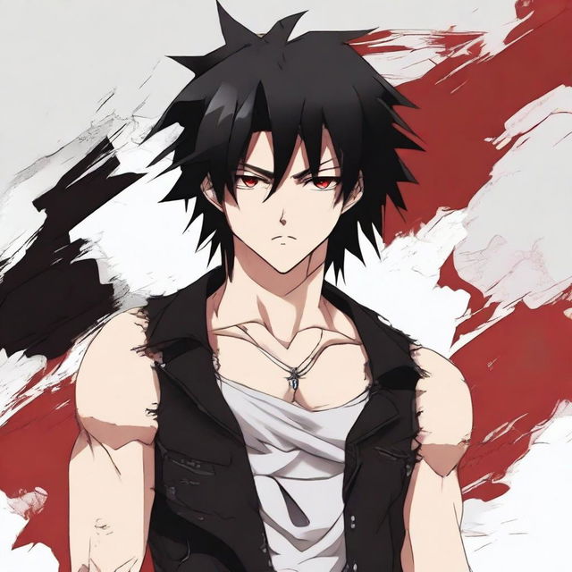 Generate an anime-style image of an attractive man with black hair and red eyes