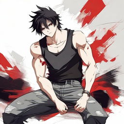 Generate an anime-style image of an attractive man with black hair and red eyes