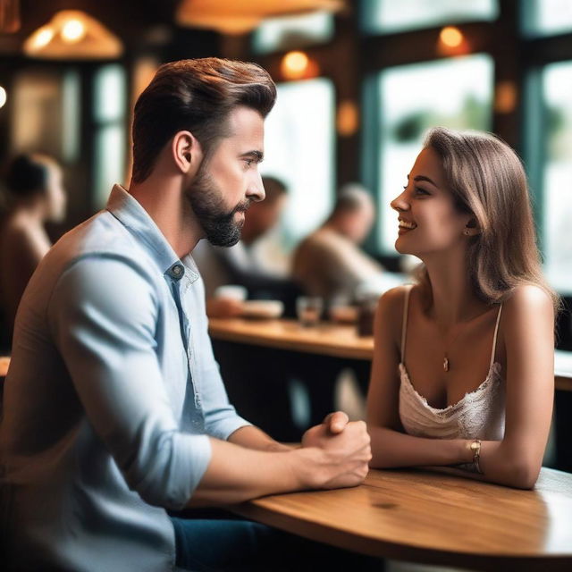 A confident man in a cafe bar engaged in a conversation with the most beautiful girl