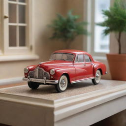 A detailed scale model of a classic car, intricately positioned in a cozy room adjacent to a quaint house.