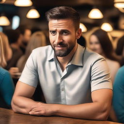 A confident man in a cafe bar engaged in a conversation with the most beautiful girl