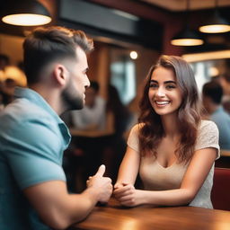 A confident man in a cafe bar engaged in a conversation with the most beautiful girl