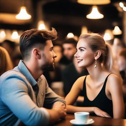 A confident man in a cafe bar engaged in a conversation with the most beautiful girl