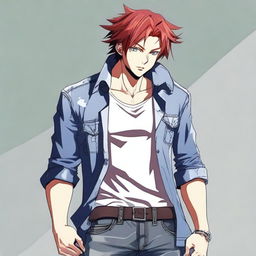 Generate an anime-style image of a handsome man with red hair and blue eyes