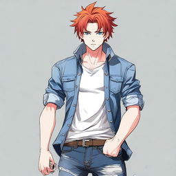 Generate an anime-style image of a handsome man with red hair and blue eyes