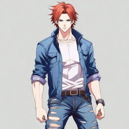 Generate an anime-style image of a handsome man with red hair and blue eyes