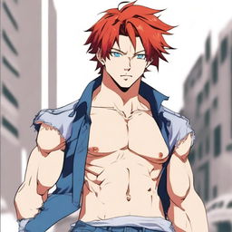 Generate an anime-style image of a handsome man with red hair and blue eyes