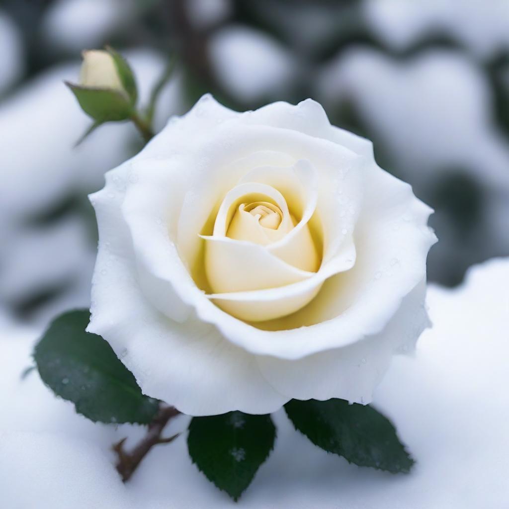 Generate an image of a pristine white rose nestled in a snowy landscape