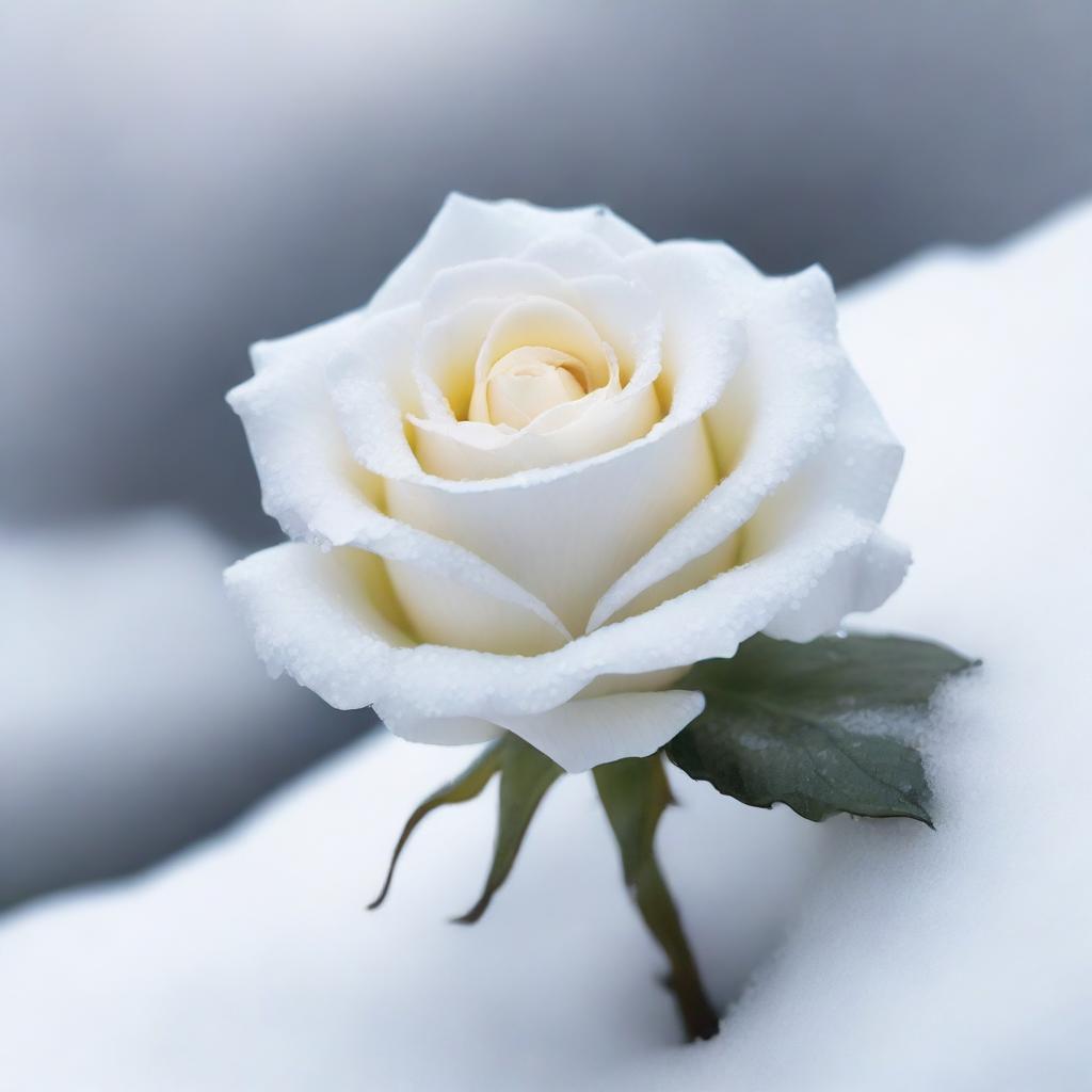 Generate an image of a pristine white rose nestled in a snowy landscape