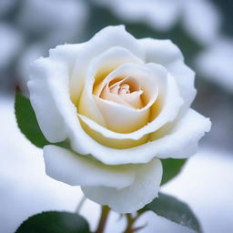 Generate an image of a pristine white rose nestled in a snowy landscape