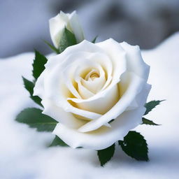 Generate an image of a pristine white rose nestled in a snowy landscape