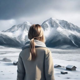 Generate an image of a blonde girl with shoulder-length hair, standing and sadly looking at the snow-covered mountains in the distance