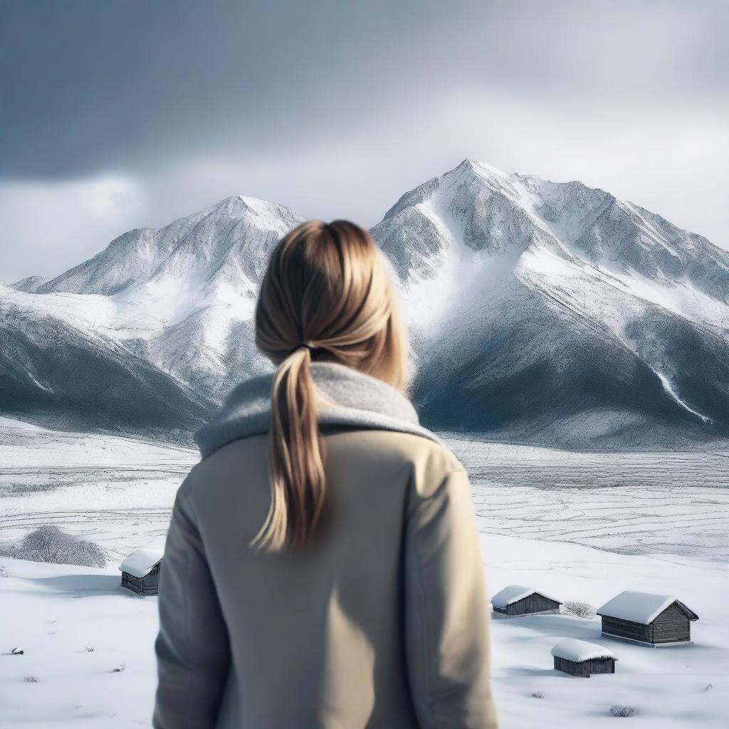 Generate an image of a blonde girl with shoulder-length hair, standing and sadly looking at the snow-covered mountains in the distance