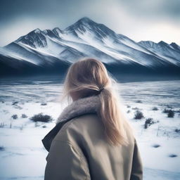 Generate an image of a blonde girl with shoulder-length hair, standing and sadly looking at the snow-covered mountains in the distance