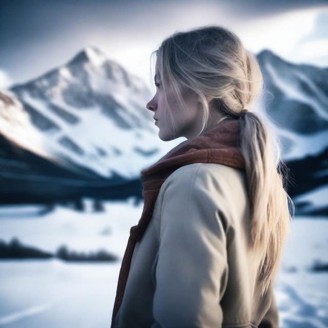 Generate an image of a blonde girl with shoulder-length hair, standing and sadly looking at the snow-covered mountains in the distance