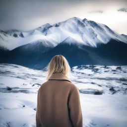 Generate an image of a blonde girl with shoulder-length hair, standing and sadly looking at the snow-covered mountains in the distance