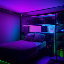 A bedroom with a gaming aesthetic, featuring a bed under the glow of vibrant RGB lighting.