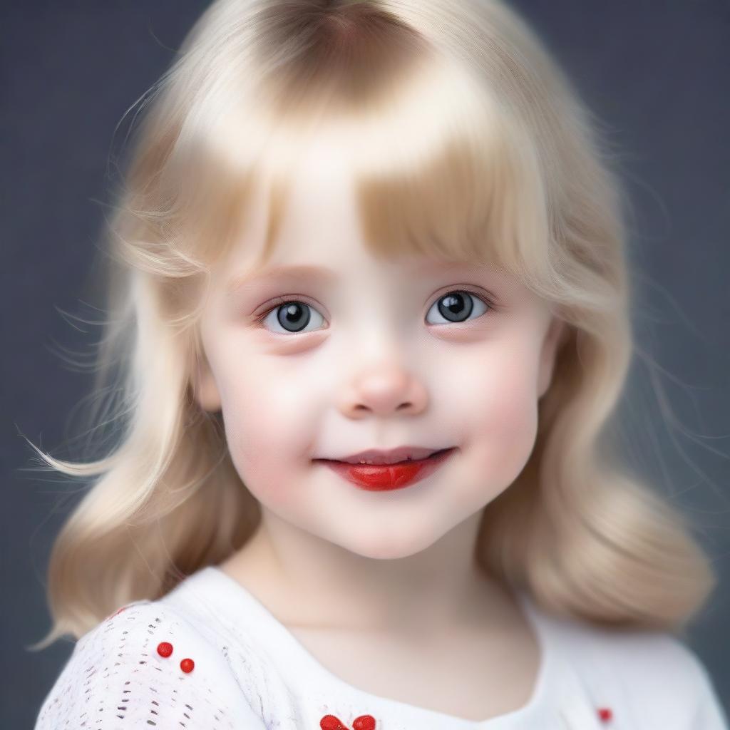 Generate an image of an adorable little girl with blond hair and red eyes.