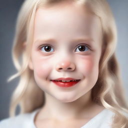 Generate an image of an adorable little girl with blond hair and red eyes.