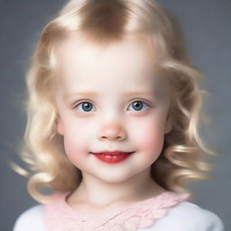 Generate an image of an adorable little girl with blond hair and red eyes.