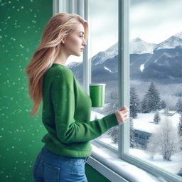 Generate an image of a blonde girl with expressive green eyes, standing with her back against a window, leaning on the wall, holding a green cup of tea in her hands