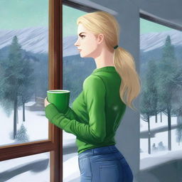 Generate an image of a blonde girl with expressive green eyes, standing with her back against a window, leaning on the wall, holding a green cup of tea in her hands