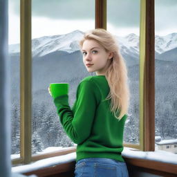 Generate an image of a blonde girl with expressive green eyes, standing with her back against a window, leaning on the wall, holding a green cup of tea in her hands