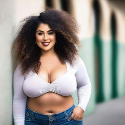 Create an image of a curvy Latina woman with curly hair