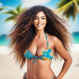 Generate an image of a Latina woman with long curly hair, wearing a bikini