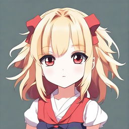 Generate an image of an adorable little anime-style girl with blonde hair and red eyes