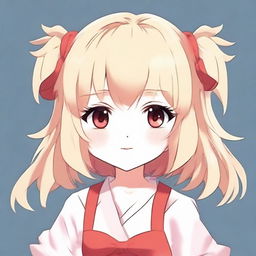 Generate an image of an adorable little anime-style girl with blonde hair and red eyes