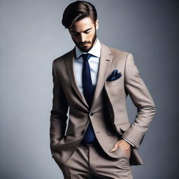 Create an image of a person in a stylish business suit in the process of undressing