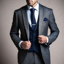 Create an image of a person in a stylish business suit in the process of undressing