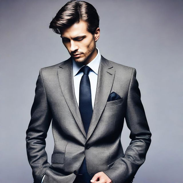 Create an image of a person in a stylish business suit in the process of undressing