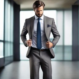 Create an image of a person in a stylish business suit in the process of undressing