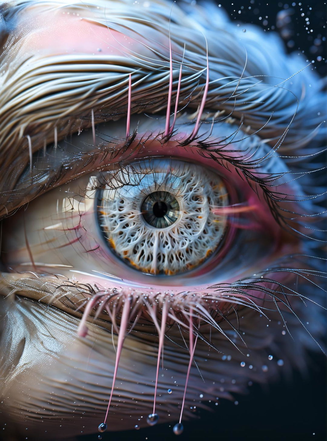 A close-up image of an eye with white detailed lashes and pink albino irises, in the style of Matthias Haker and Serge Marshennikov