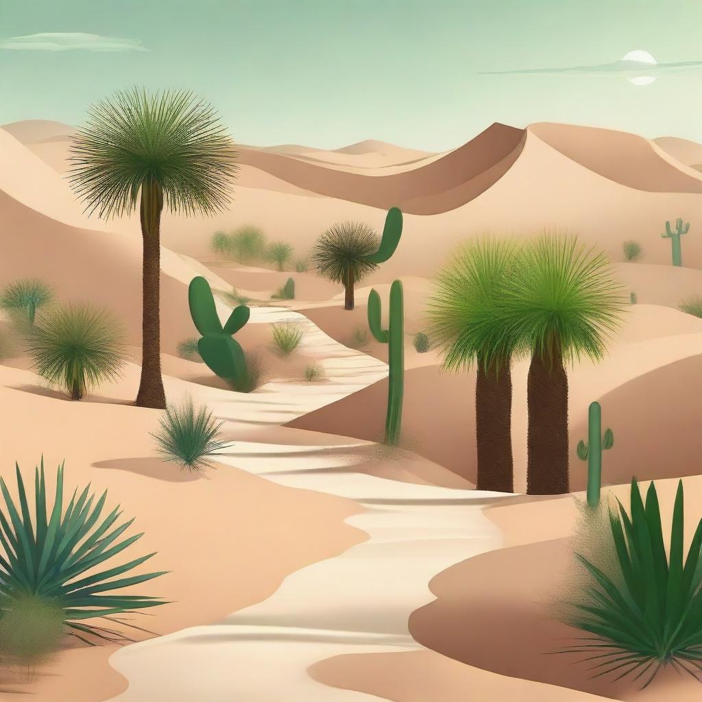 Create an image of a winding path in the desert leading to a refreshing oasis