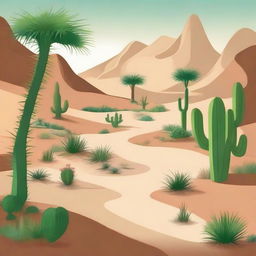 Create an image of a winding path in the desert leading to a refreshing oasis