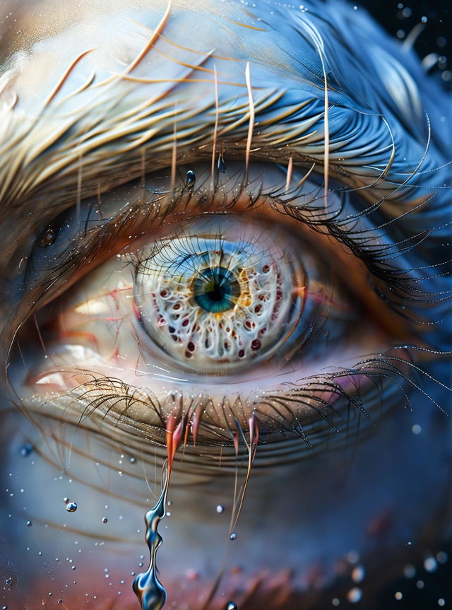 A close-up image of an eye with white detailed lashes, pink albino irises, and heterochromia, in the style of Matthias Haker and Serge Marshennikov