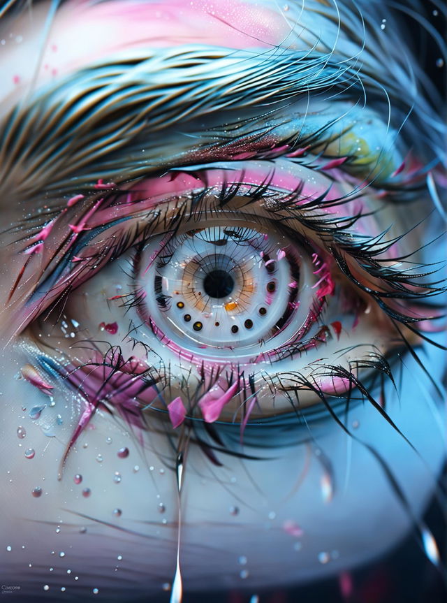 A hyper-realistic, vibrant, and exaggerated close-up image of a girl's eye with pink albino irises and white detailed lashes, in the style of Matthias Haker and Serge Marshennikov