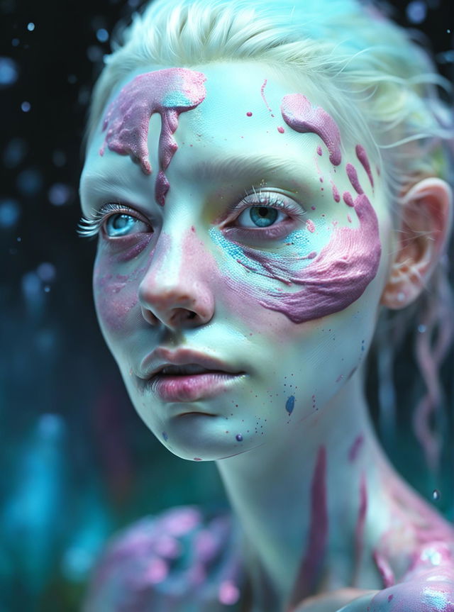 A hyper-realistic, vibrant, and detailed close-up image of a beautiful face with albinism, featuring white lashes and pink irises