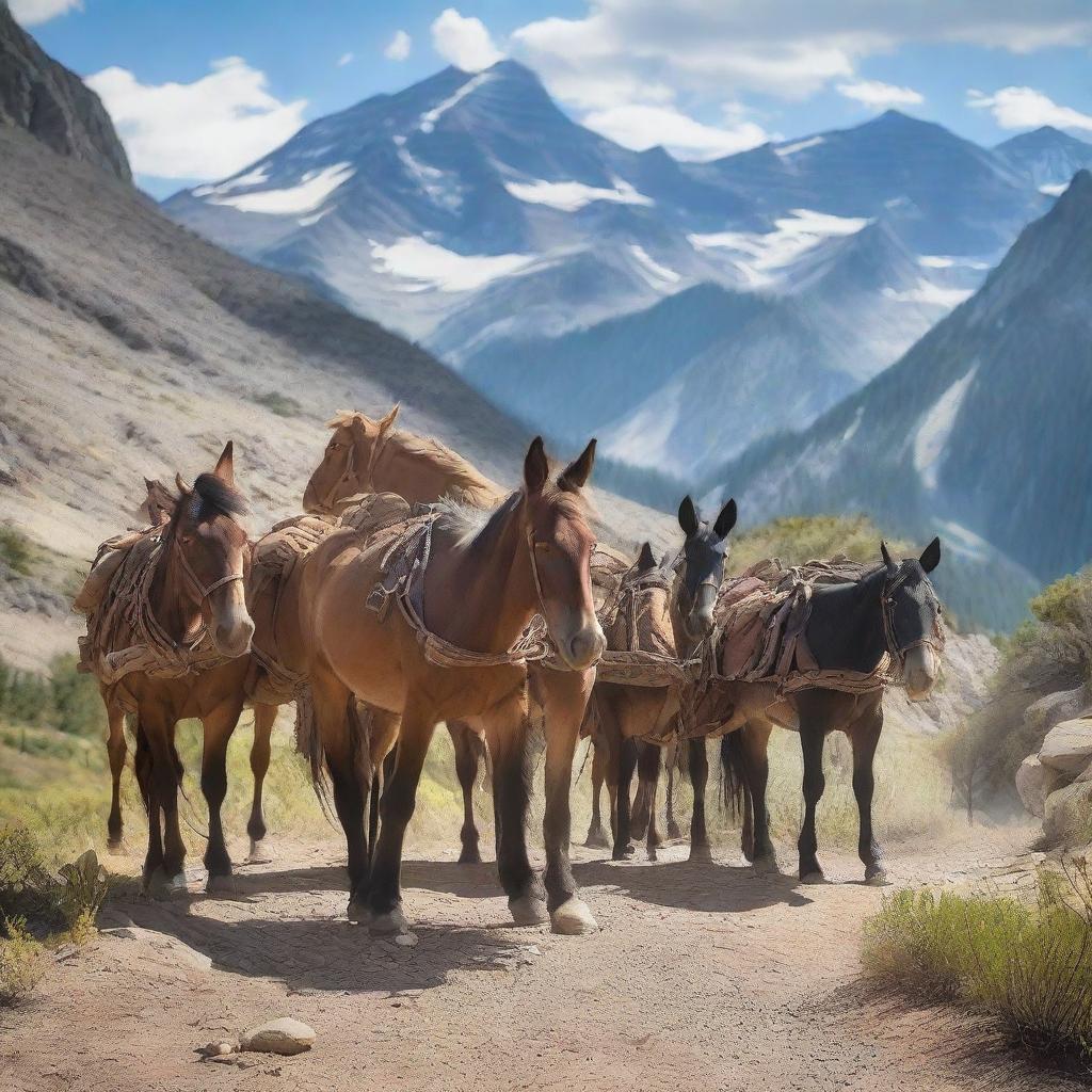 Create an image featuring dozens of pack mules on a trail in the mountains