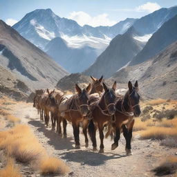 Create an image featuring dozens of pack mules on a trail in the mountains