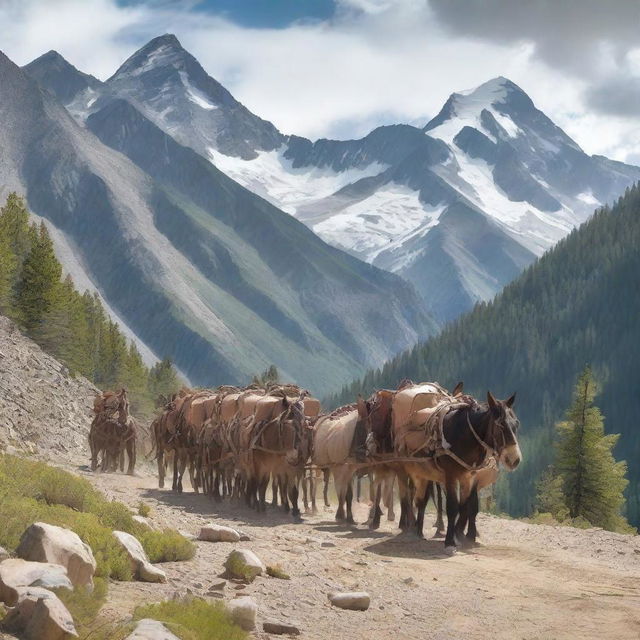 Create an image featuring dozens of pack mules on a trail in the mountains